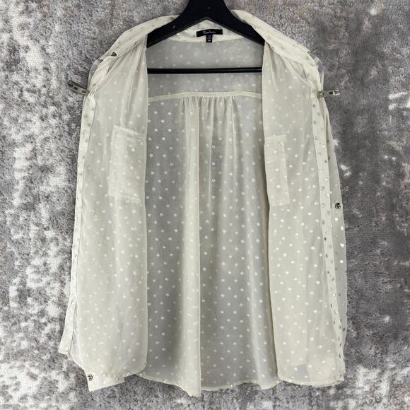 Monteau Size M Polka Dot Semi Sheer Casual Button Top Beige Long Sleeve Collar - Picture 4 of 9